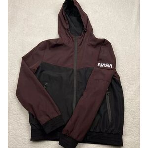 NASA‎ Jacket Windbreaker Mens MEDIUM Colorblock SpellOut Pocket Lined Hood Y2K